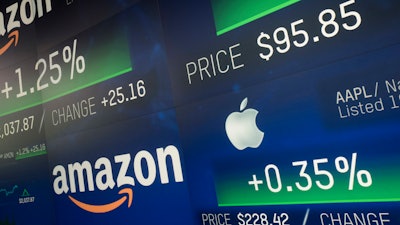 In this Sept. 4, 2018, file photo, Amazon and Apple stock prices are shown on an electronic screen at the Nasdaq MarketSite in New York.