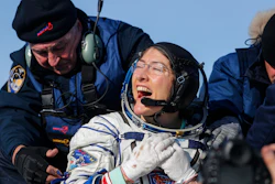 U.S. astronaut Christina Koch reacts shortly after landing in Kazakhstan, Feb. 6, 2020.