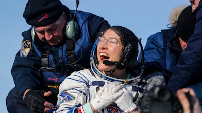 U.S. astronaut Christina Koch reacts shortly after landing in Kazakhstan, Feb. 6, 2020.