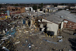 This Jan. 24, 2020, file aerial photo shows the scene of an explosion in northwest Houston.