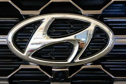 Logo on a 2019 Hyundai Santa Fe SUV at the Pittsburgh International Auto Show, Feb. 14, 2019.