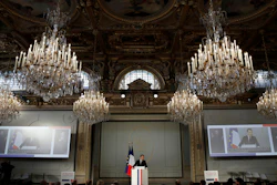 French President Emmanuel Macron speaks at the Elysee Palace, Paris, Feb. 11, 2020.