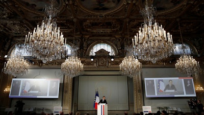 French President Emmanuel Macron speaks at the Elysee Palace, Paris, Feb. 11, 2020.