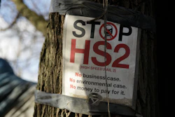 A protest sign near the village of Harefield in north west London, Feb. 11, 2020.