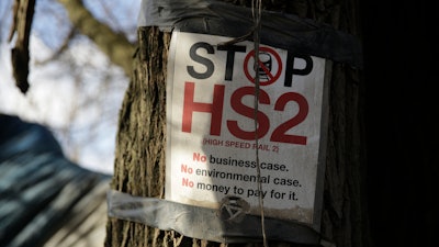 A protest sign near the village of Harefield in north west London, Feb. 11, 2020.