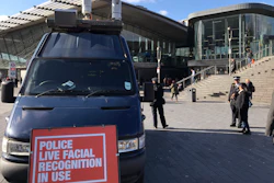 A mobile police facial recognition facility outside a shopping center in London, Feb. 11, 2020.