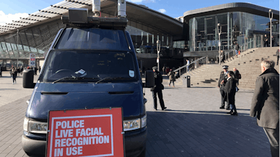 A mobile police facial recognition facility outside a shopping center in London, Feb. 11, 2020.
