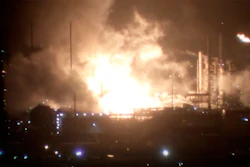 Fire inside the refinery early in Baton Rouge, La., Feb. 12, 2020.
