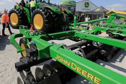 John Deere tractor is on display at the Husker Harvest Days farm show in Grand Island, Neb., Sept. 10, 2019.