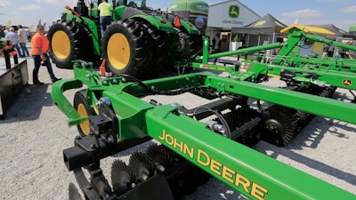 John Deere tractor is on display at the Husker Harvest Days farm show in Grand Island, Neb., Sept. 10, 2019.