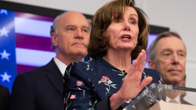 Speaker of the House Nancy Pelosi, D-Calif., during a media conference at NATO headquarters in Brussels, Feb. 17, 2020.