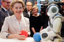President of the European Commission Ursula von der Leyen with the 'Do you Speak Robot?' at the VUB in Brussels, Feb. 18. 2020.