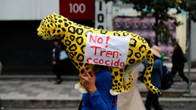 Farm workers and activists march along Reforma Avenue in Mexico City, Feb. 21, 2020.