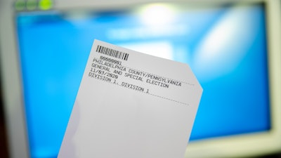 Paper ballot during a demonstration of the ExpressVote XL voting machine at the Reading Terminal Market in Philadelphia, June 13, 2019.