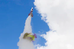 Mike Hughes' rocket takes off, with what appears to be a parachute tearing off during its launch, near Barstow, Calif., Feb. 22, 2020.