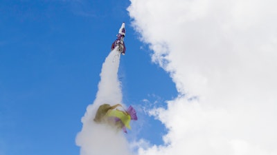 Mike Hughes' rocket takes off, with what appears to be a parachute tearing off during its launch, near Barstow, Calif., Feb. 22, 2020.