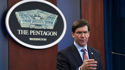 Defense Secretary Mark Esper speaks during a news conference at the Pentagon, Dec. 20, 2019.