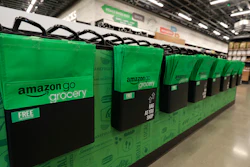 Reusable shopping bags displayed inside an Amazon Go Grocery store set to open soon in Seattle's Capitol Hill neighborhood, Feb. 21, 2020.