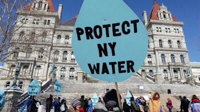 Protesters rally to oppose the Constitution Pipeline outside the state Capitol in Albany, N.Y., April 5, 2016.