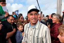 Surfer Kelly Slater surrounded by fans in Anglet, France, Oct. 9, 2019.