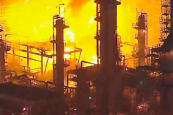 Photo taken from KABC-TV video showing a fire at the Marathon Petroleum refinery, Carson, Calif., Feb. 25, 2020.