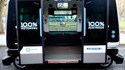 An EasyMile electric driverless shuttle during an experiment in Paris, Nov. 17, 2017.