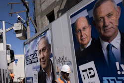 Election campaign billboards in Tel Aviv showing Prime Minister Benjamin Netanyahu (left), alongside the Blue and White alliance leaders Moshe Yaalon and Benny Gantz, April 2019.