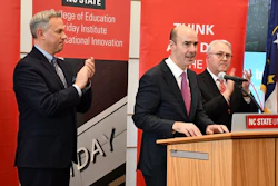 N.C. Lt. Gov. Dan Forest, Labor Secretary Eugene Scalia and NC State Chancellor Randy Woodson at a press conference in Raleigh, Feb. 18, 2020.