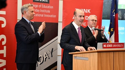 N.C. Lt. Gov. Dan Forest, Labor Secretary Eugene Scalia and NC State Chancellor Randy Woodson at a press conference in Raleigh, Feb. 18, 2020.