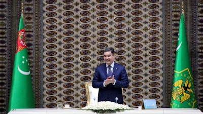 Turkmenistan President Gurbanguly Berdymukhamedov attends an opening ceremony of a chemical plant in Kiyanly, Oct. 17, 2018.