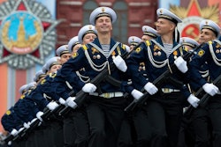 Russian troops march during the Victory Day military parade in Red Square, Moscow, May 9, 2019.