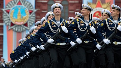 Russian troops march during the Victory Day military parade in Red Square, Moscow, May 9, 2019.