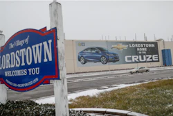 A banner depicting the Chevrolet Cruze model vehicle is displayed at the Lordstown plant on Nov. 27, 2018.