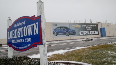 A banner depicting the Chevrolet Cruze model vehicle is displayed at the Lordstown plant on Nov. 27, 2018.