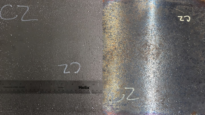Steel-steel composite metal foam samples before testing (right) and after 100 minutes exposure to 825C (left).