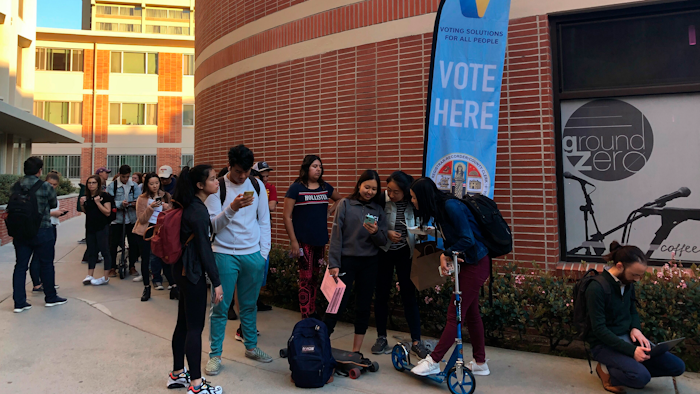 Voters in line at a polling station at the University of Southern California, March 3, 2020.