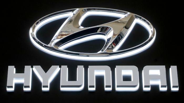Hyundai logo at the Pittsburgh International Auto Show, Feb. 14, 2019.
