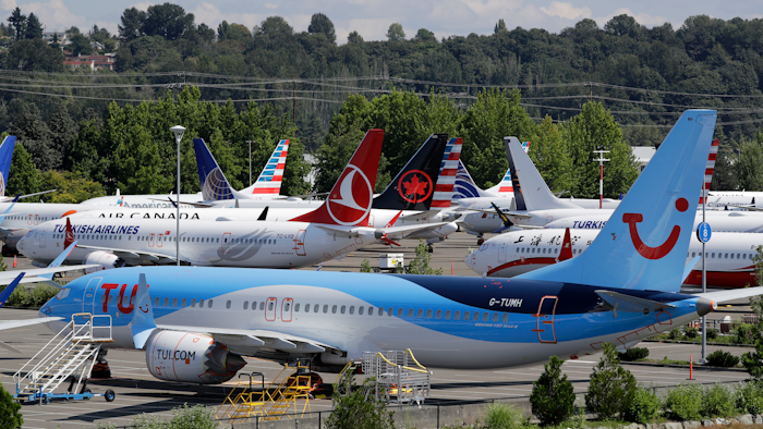 Grounded Boeing 737 Max airplanes adjacent to Boeing Field in Seattle, Aug. 15, 2019.