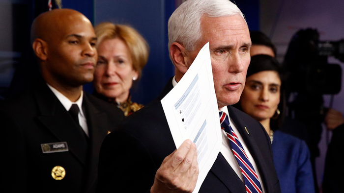 Vice President Mike Pence speaks in the briefing room of the White House, March 9, 2020.