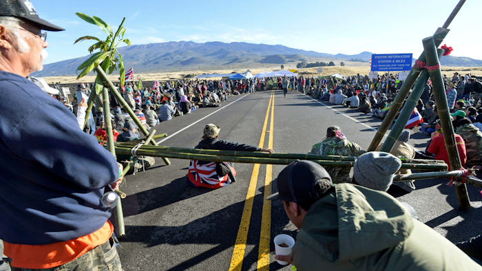 Protesters at a vigil opposing the Thirty Meter Telescope at Mauna Kea, Hawaii, July 19, 2019.