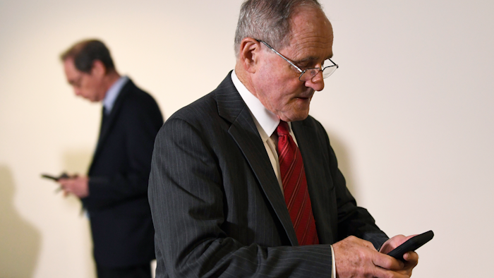 Sen. Jim Risch, R-Idaho, heads into a Republican policy lunch on Capitol Hill, March 19, 2020.