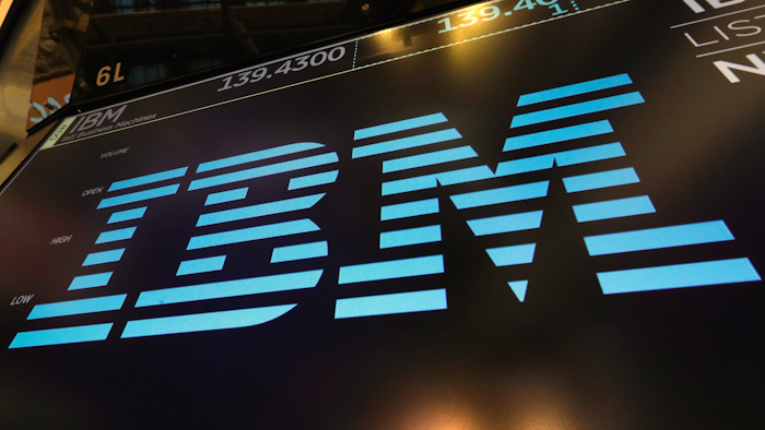 IBM logo above a trading post on the floor of the New York Stock Exchange, March 18, 2019.