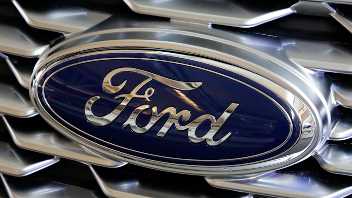 Ford logo at the Pittsburgh Auto Show, Feb. 15, 2018.