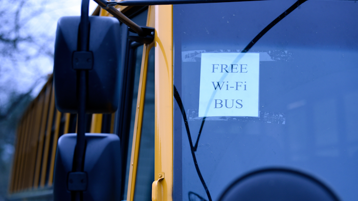 A WiFi-enabled school bus at an apartment complex in Winnsboro, S.C., March 26, 2020.