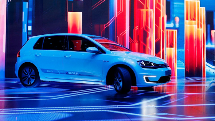 The Volkswagen e-Golf Touch electric car at CES International in Las Vegas, Jan. 5, 2016.