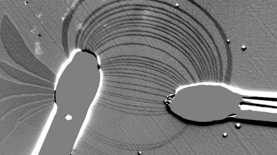 The flow of an electric current between two electrodes on a magnetic thin film are imaged by measuring the strip domains.