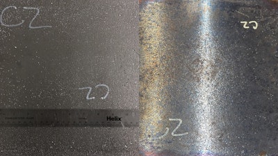 Steel-steel composite metal foam samples before testing (right) and after 100 minutes exposure to 825C (left).