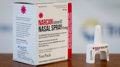 A box of Narcan spray displayed after a news conference in Cincinnati, Sept. 7, 2017.