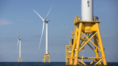 Three of Deepwater Wind's turbines off Block Island, R.I., Aug. 15, 2016.