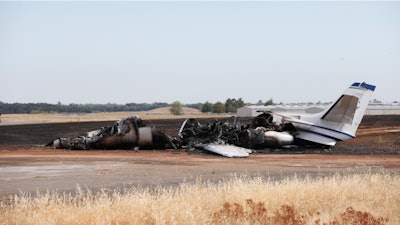 The remains of a twin-engine Cessna Citation at the Oroville Airport in Oroville, Calif., Aug. 21, 2019.